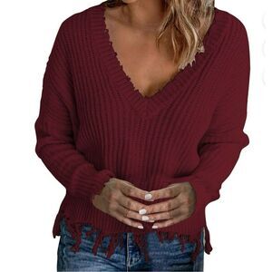 Womens Distressed v-neck Crop Sweater Red Size Small